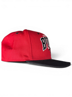 JAKE & IPI red and black Chicago Bulls snapback cap with embroidered team logo, side profile view