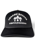 JAKE & IPI black Chrome Hearts Hollywood trucker cap with white embroidered cross logo on the front