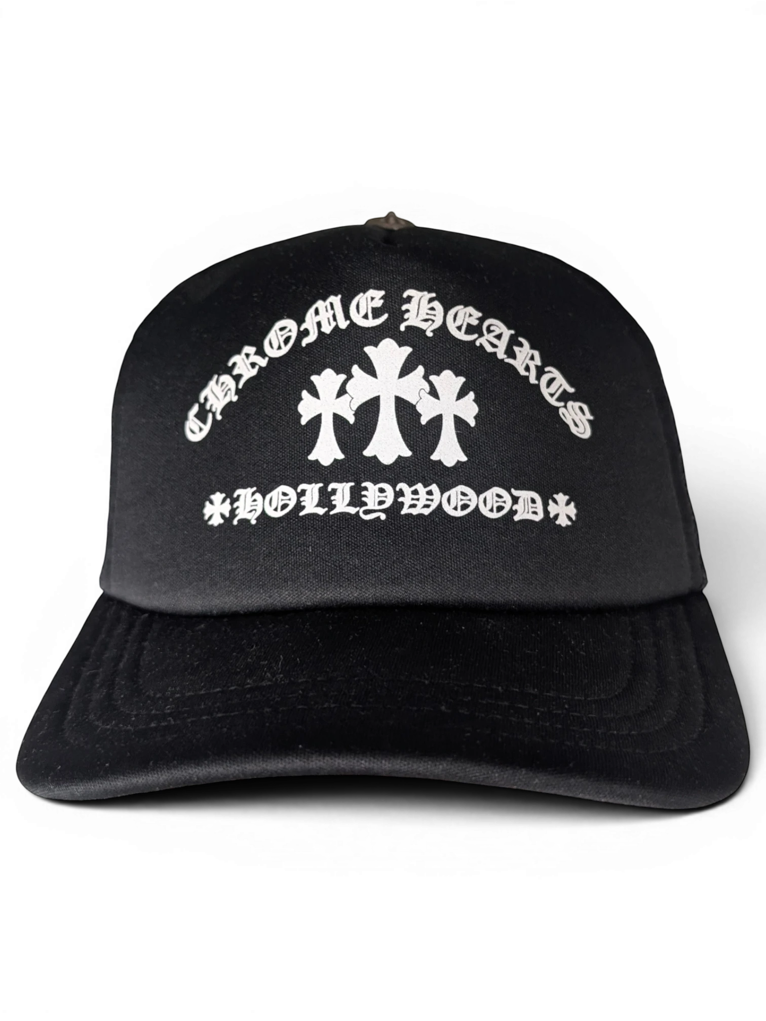 JAKE & IPI black Chrome Hearts Hollywood trucker cap with white embroidered cross logo on the front