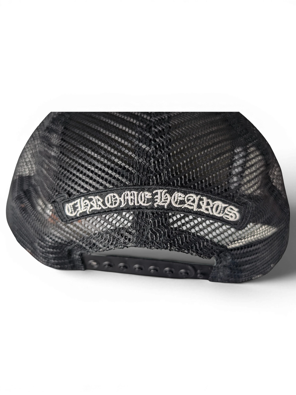JAKE & IPI black Chrome Hearts trucker cap with mesh back and adjustable snapback closure