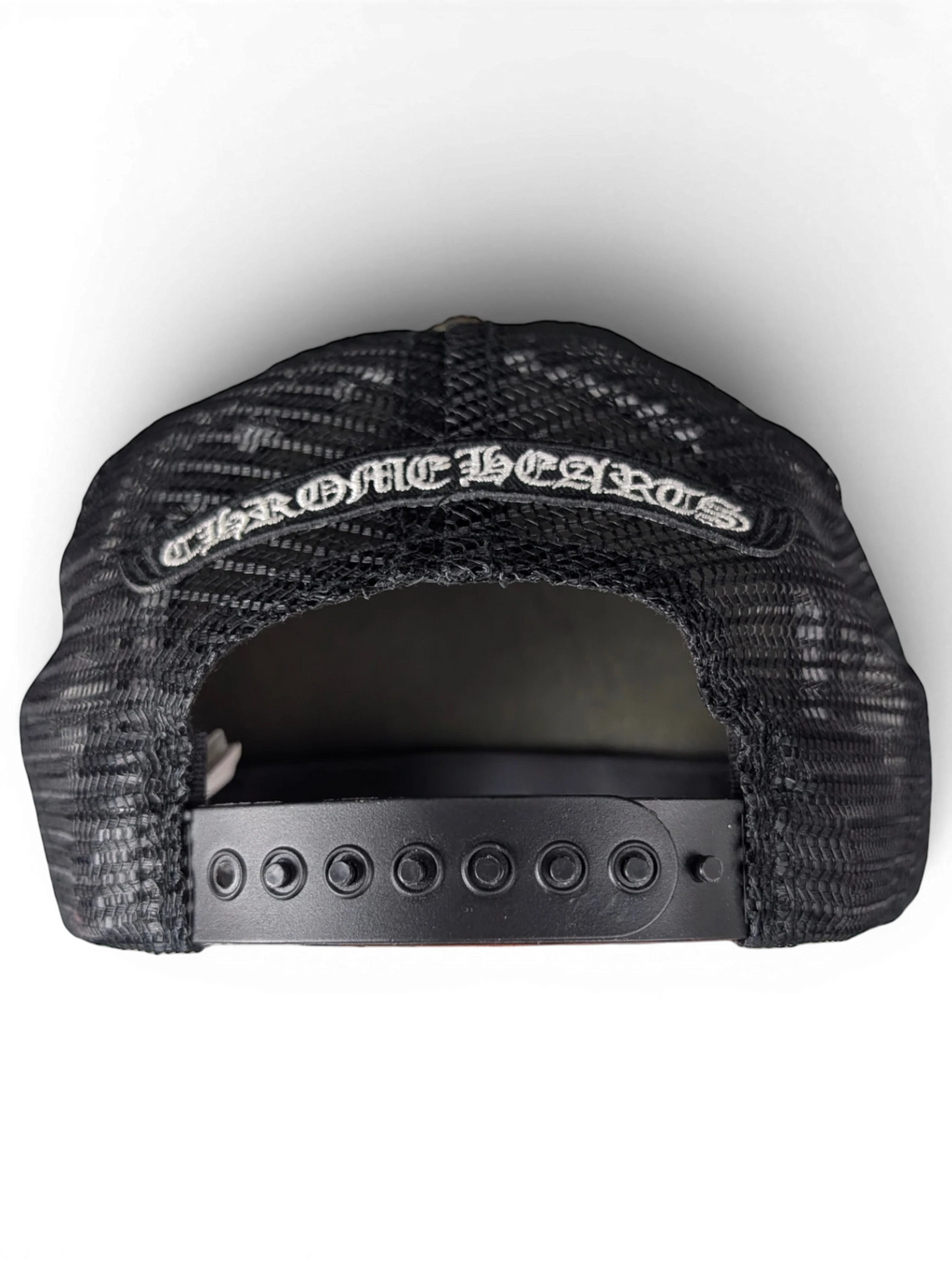 JAKE & IPI black Chrome Hearts trucker hat with mesh back and adjustable snapback closure
