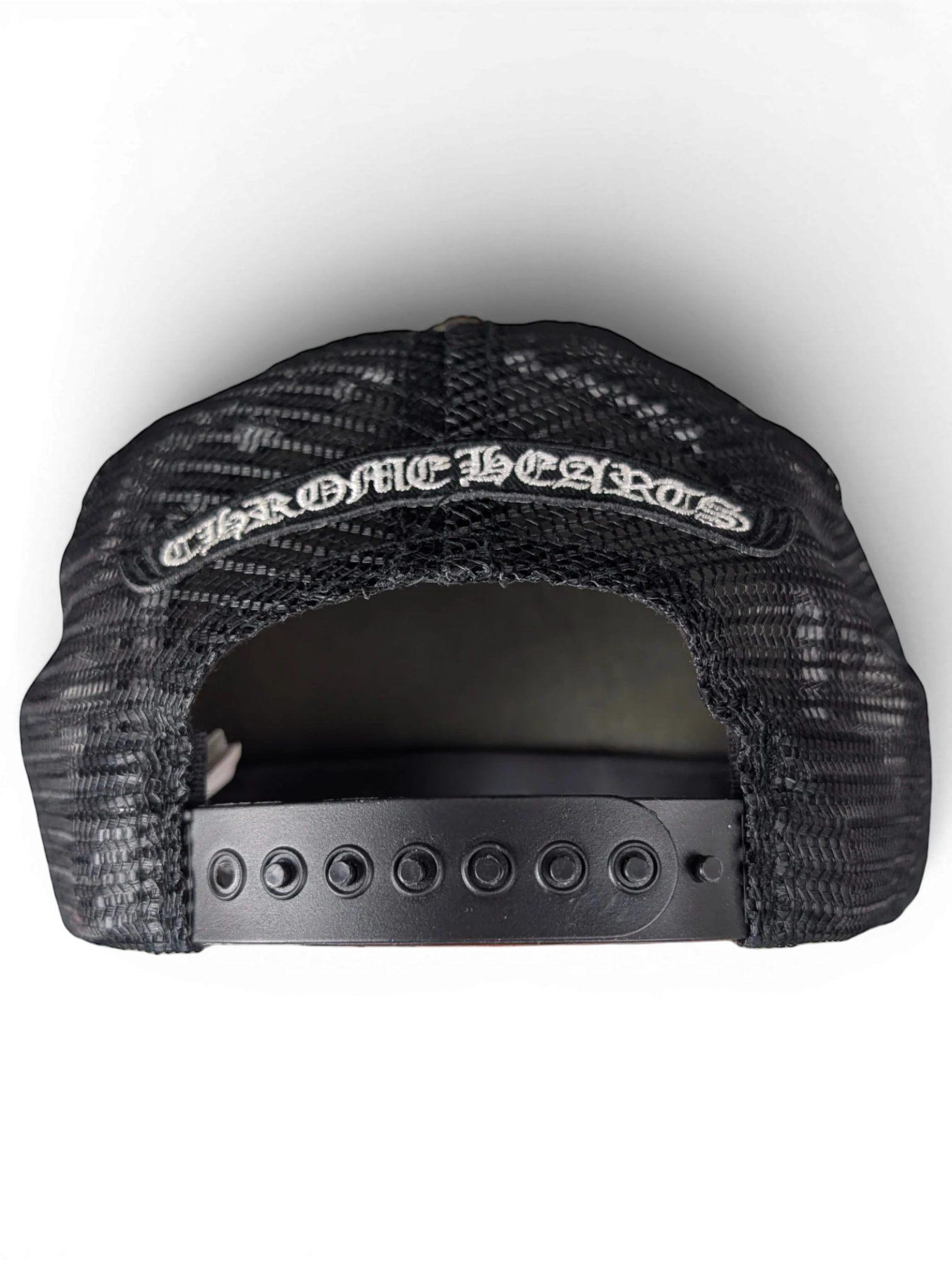 JAKE & IPI black Chrome Hearts trucker hat with mesh back and adjustable snapback closure