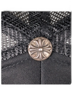 JAKE & IPI black trucker hat featuring a silver Chrome Hearts cross button detail on the mesh crown
