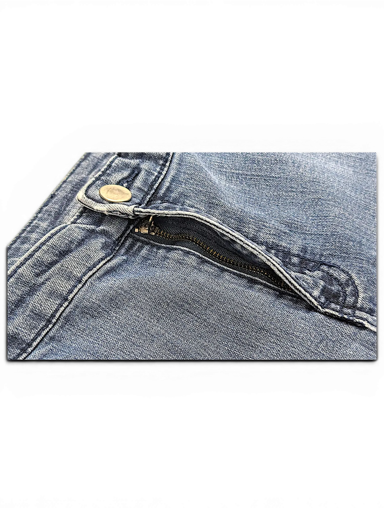 Close-up of JAKE & IPI CJ Banks jeans featuring light blue denim fabric, a metal button, and a zippered pocket detail.