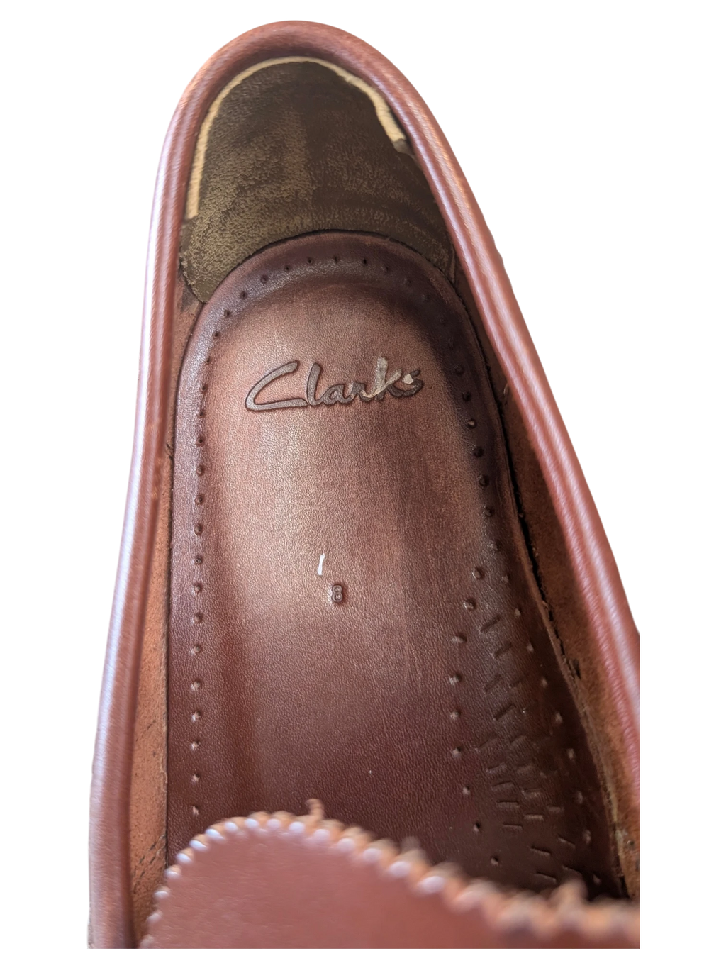 JAKE & IPI Clarks brown leather penny loafer interior showing size 8 stamp and worn heel lining
