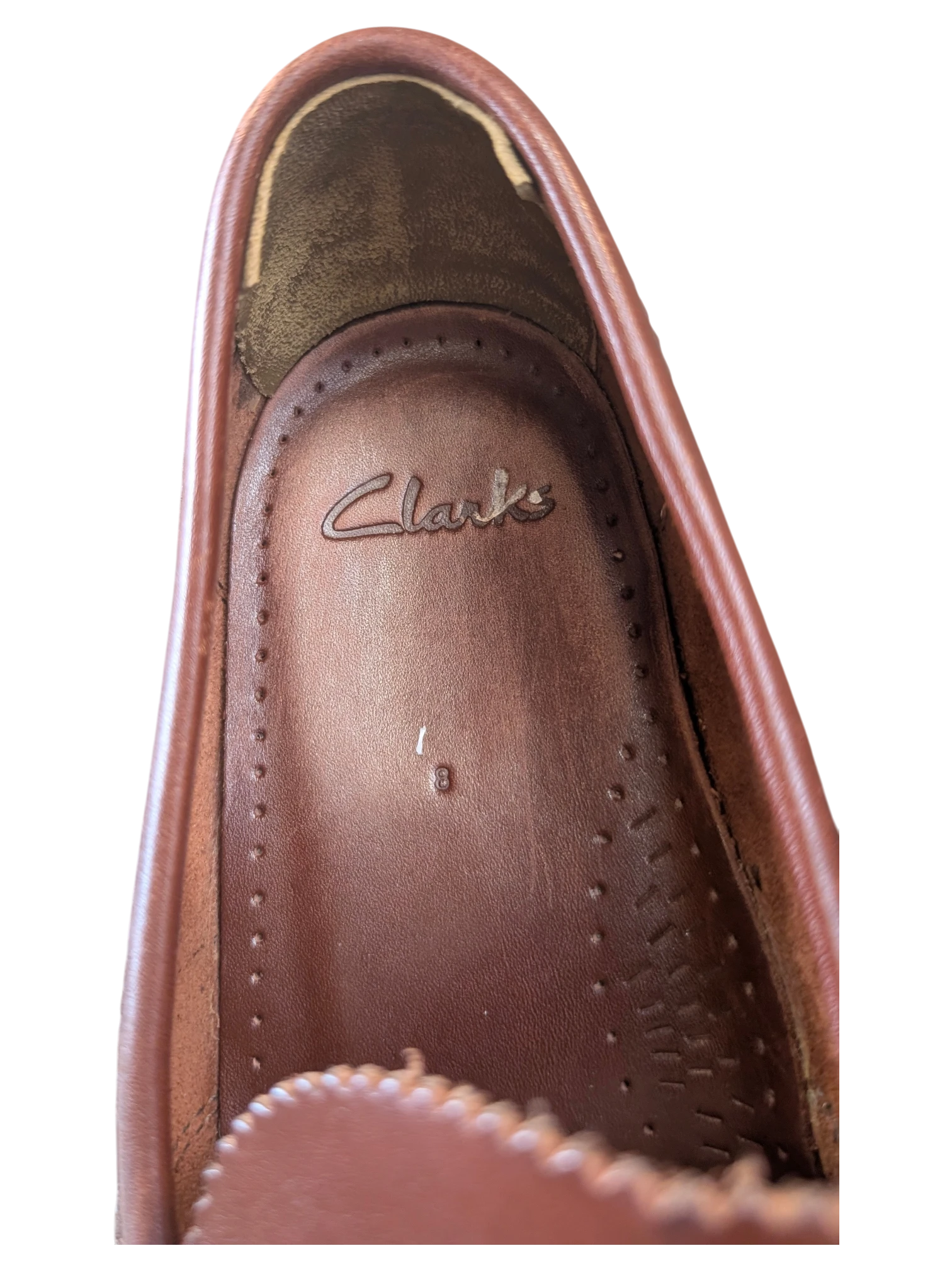 JAKE & IPI Clarks brown leather penny loafer interior showing size 8 stamp and worn heel lining