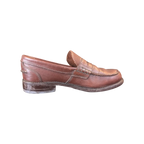 JAKE & IPI Clarks brown leather penny loafers with classic moccasin stitching and a low stacked heel.