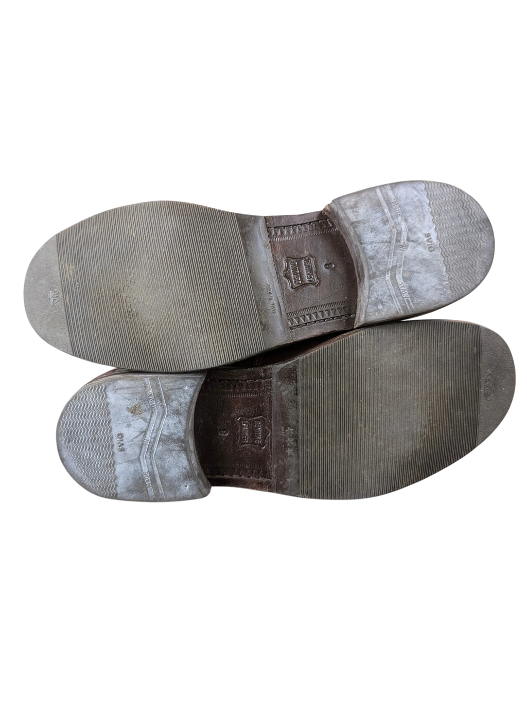 JAKE & IPI Clarks brown leather penny loafer soles showing pre-loved wear and tread patterns