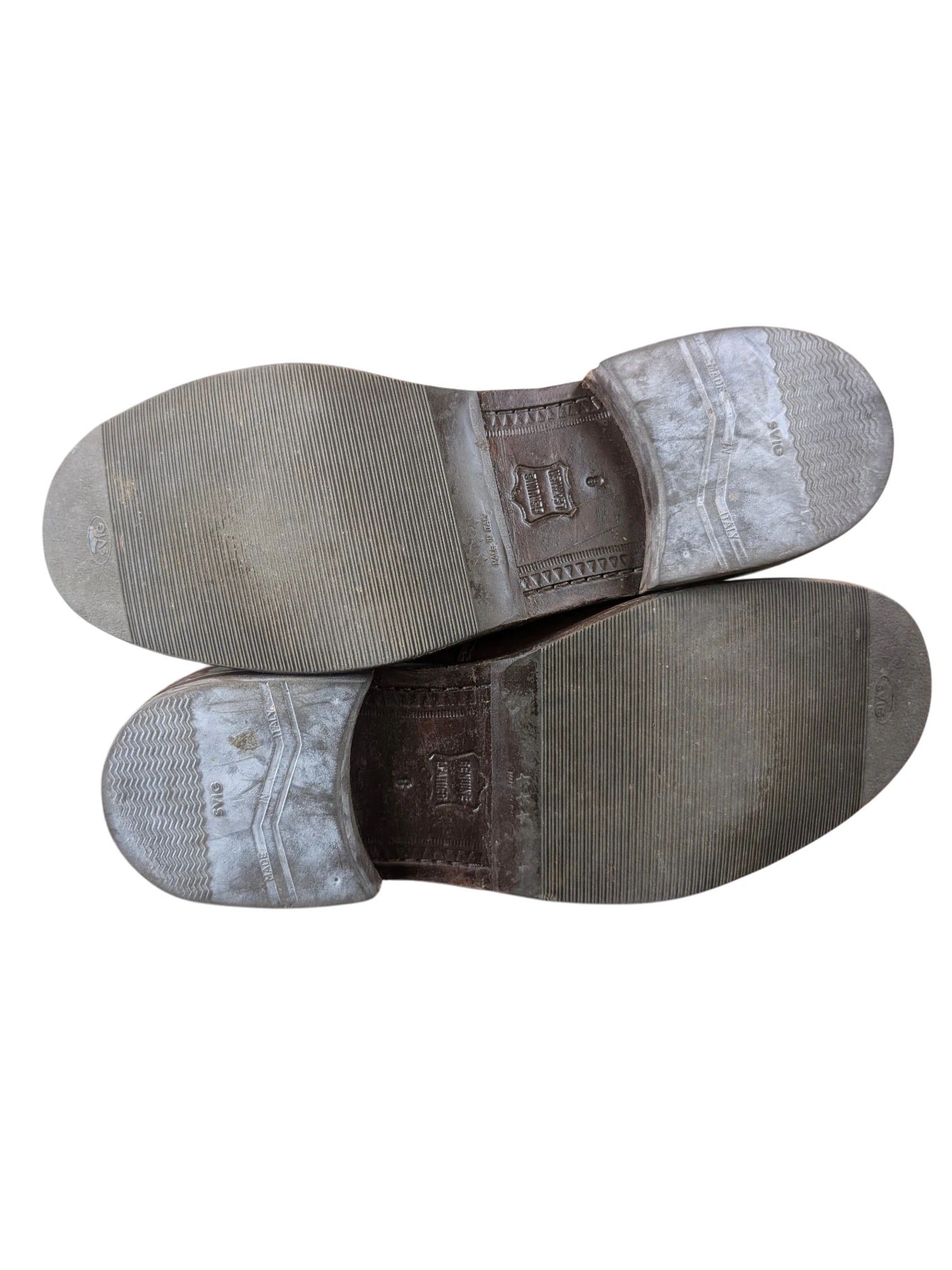 JAKE & IPI Clarks brown leather penny loafer soles showing pre-loved wear and tread patterns