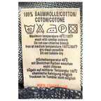JAKE & IPI Closed jeans care label showing 100% cotton material and washing instructions on blue denim fabric