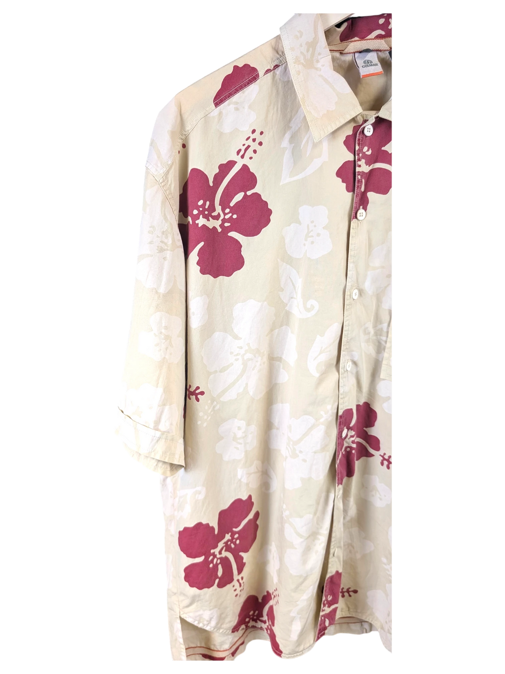 JAKE & IPI Colmar beige short-sleeve button-down shirt featuring a maroon and white hibiscus floral print.