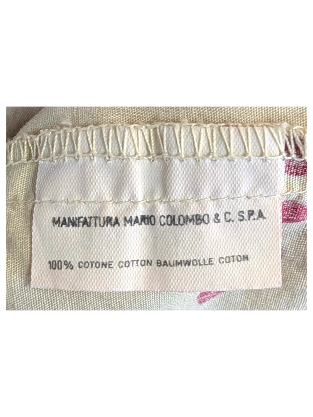JAKE & IPI Colmar Hawaiian shirt interior label showing 100 percent cotton material and manufacturer details