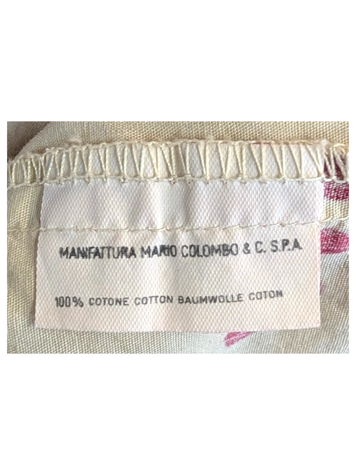 JAKE & IPI Colmar Hawaiian shirt interior label showing 100 percent cotton material and manufacturer details