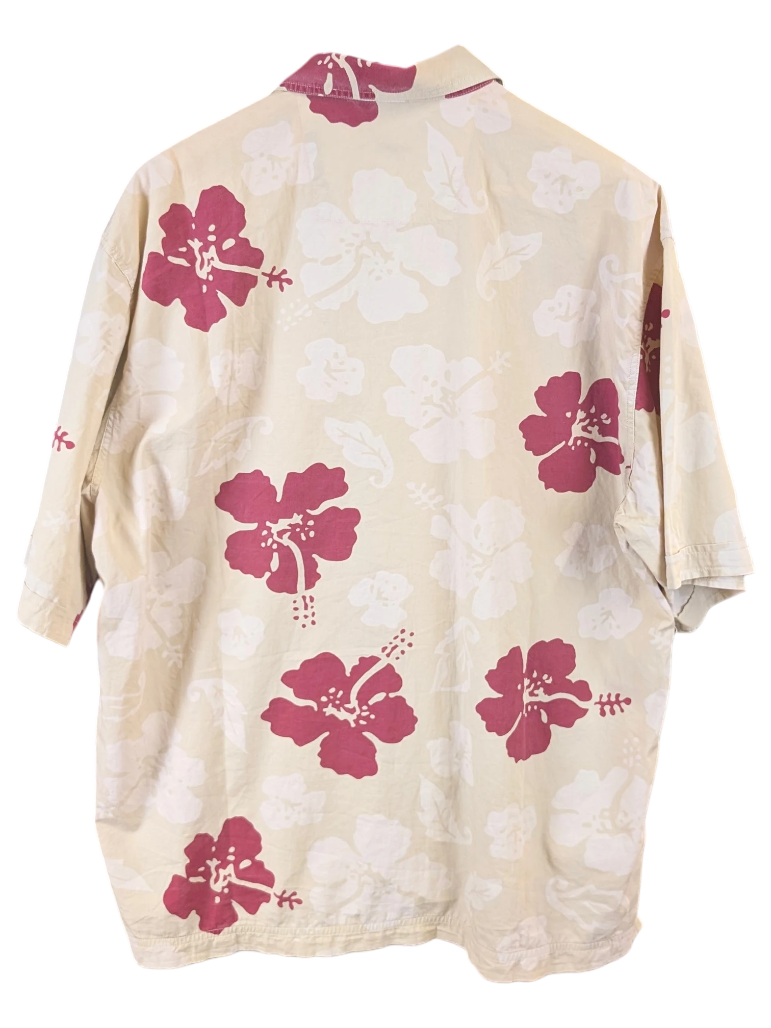 JAKE & IPI Colmar Hawaiian shirt in cream with a maroon and white hibiscus floral print, back view on a hanger.