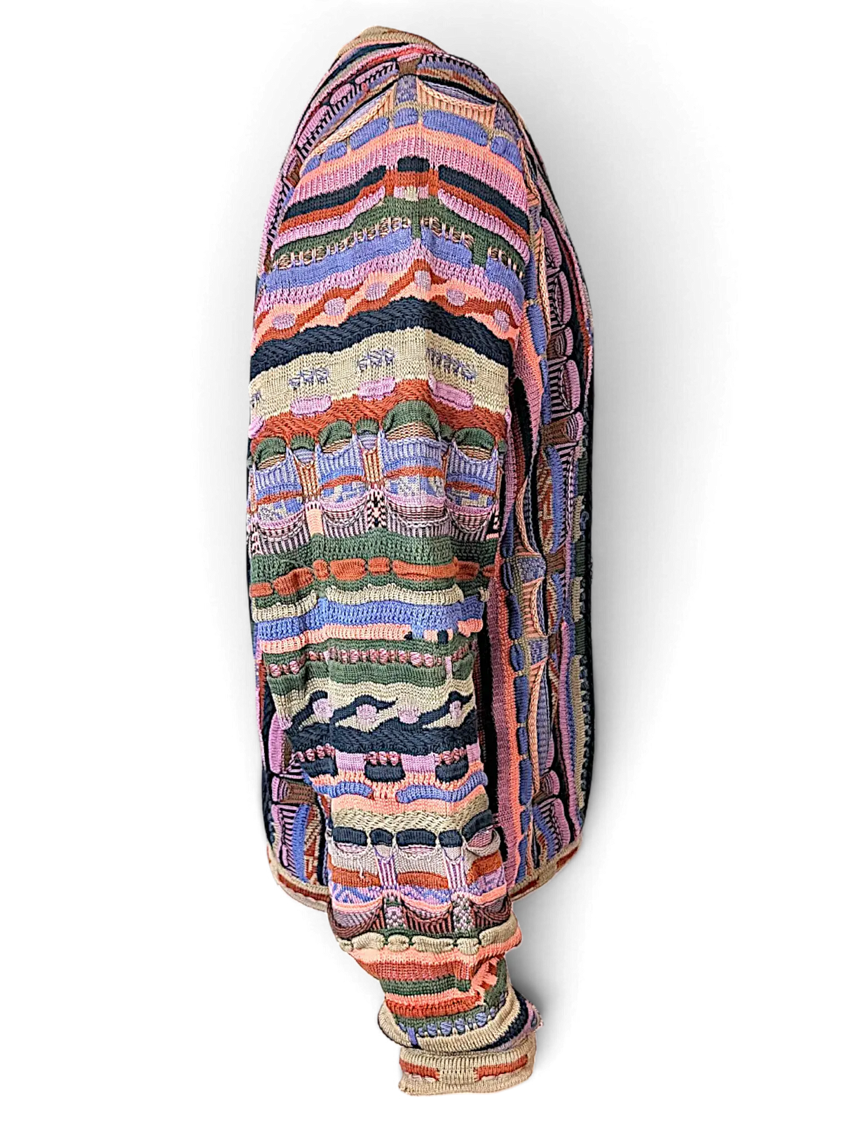 JAKE & IPI COOGI knit sweater featuring a vibrant multi-colored textured pattern and intricate weave design.
