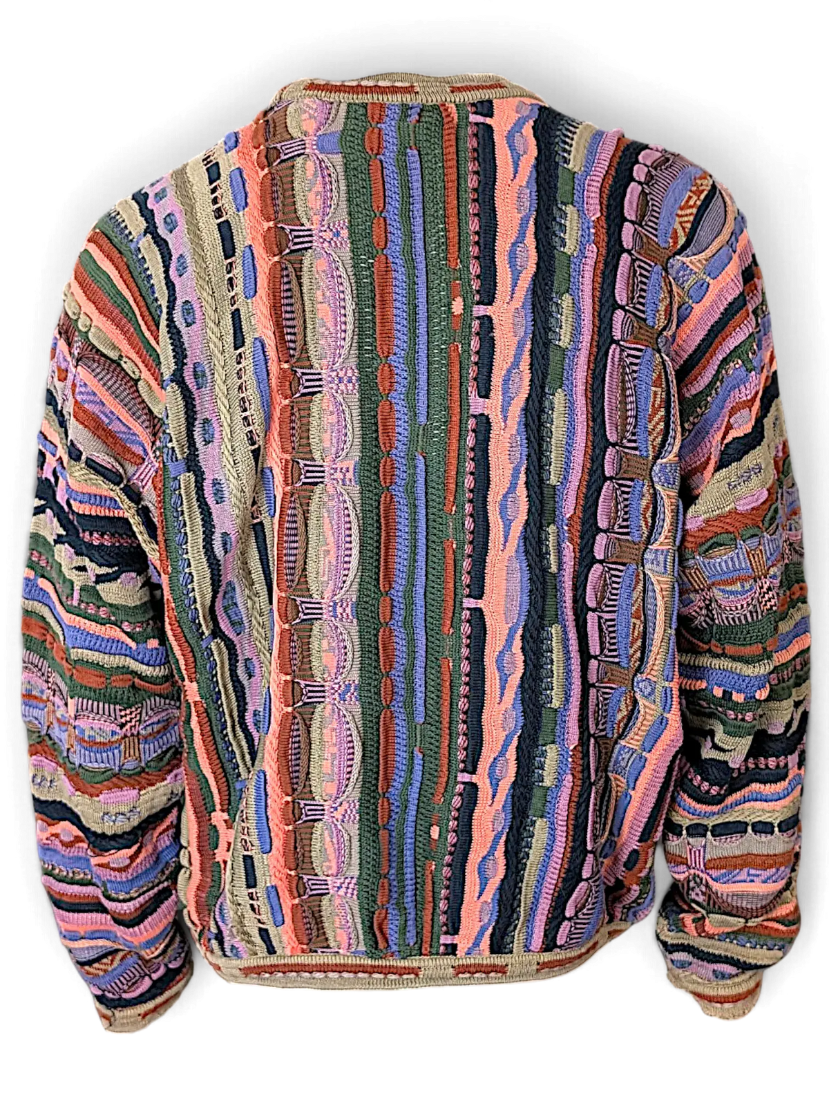 JAKE & IPI vintage-style Coogi knitwear sweater featuring a vibrant multi-colored textured 3D pattern
