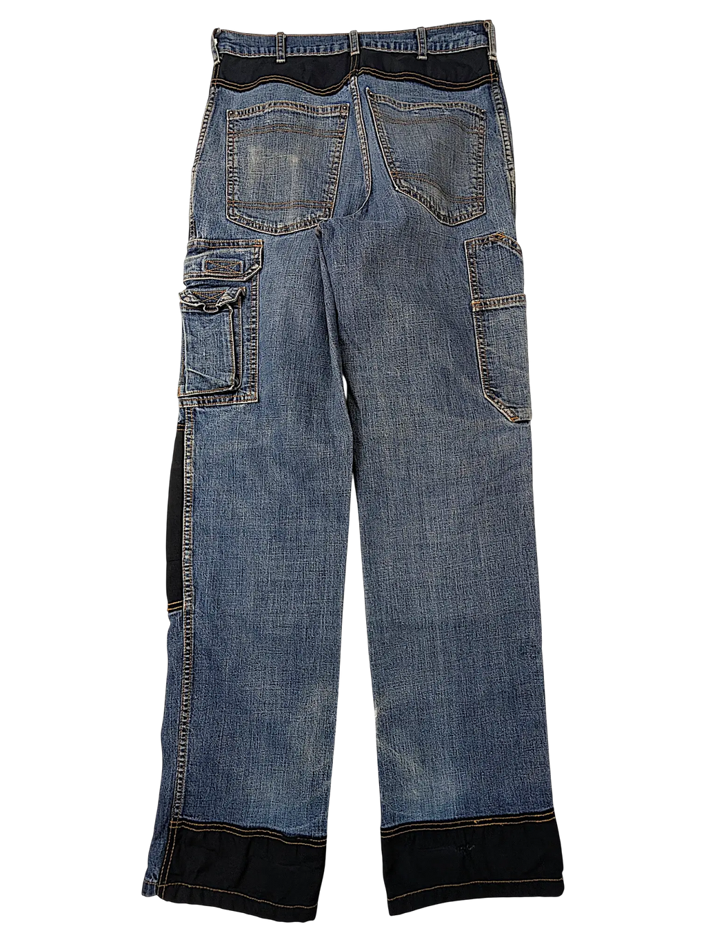 JAKE & IPI Cordura brand blue denim jeans with black reinforced panels on the waist, side cargo pocket, and cuffs.