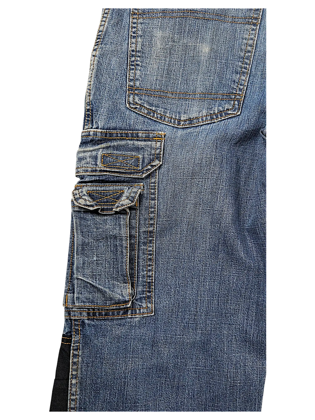 JAKE & IPI blue denim cargo jeans made with durable Cordura fabric featuring side utility pockets and contrast stitching