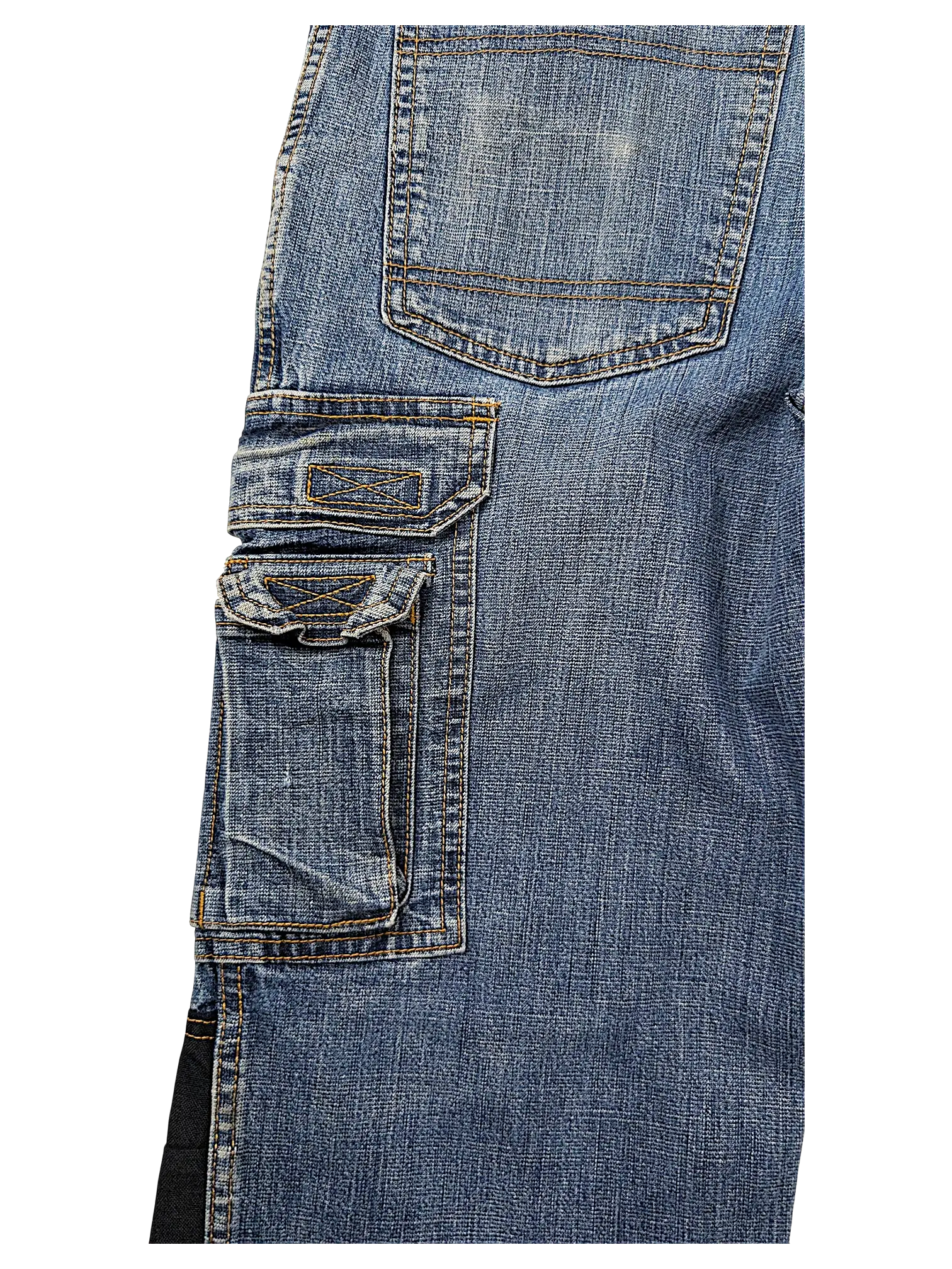 JAKE & IPI blue denim cargo jeans made with durable Cordura fabric featuring side utility pockets and contrast stitching