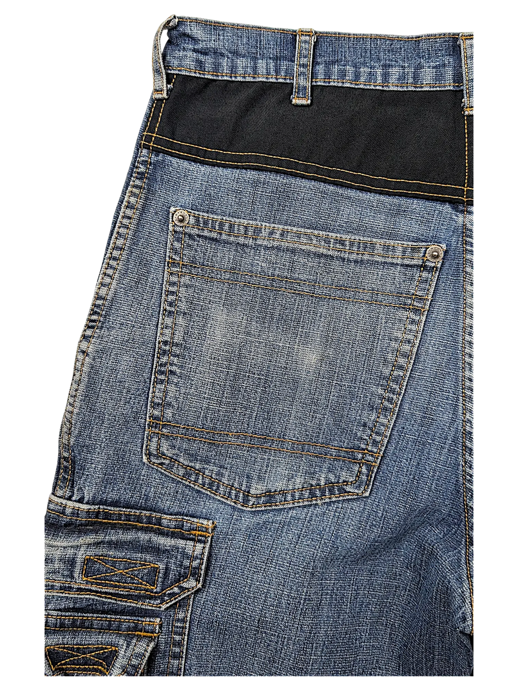 JAKE & IPI blue denim jeans featuring durable black Cordura fabric panels and reinforced cargo side pockets.