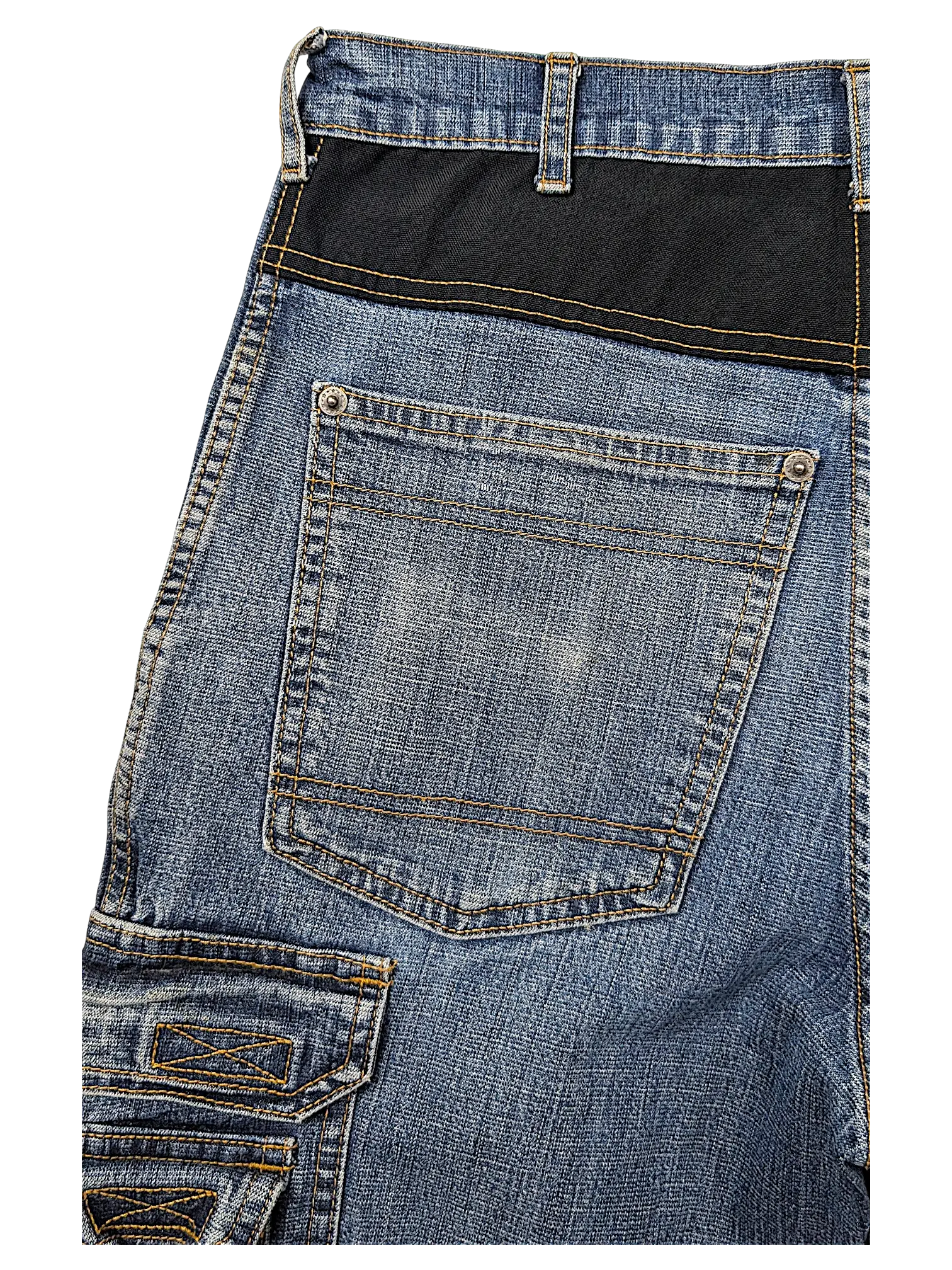JAKE & IPI blue denim jeans featuring durable black Cordura fabric panels and reinforced cargo side pockets.