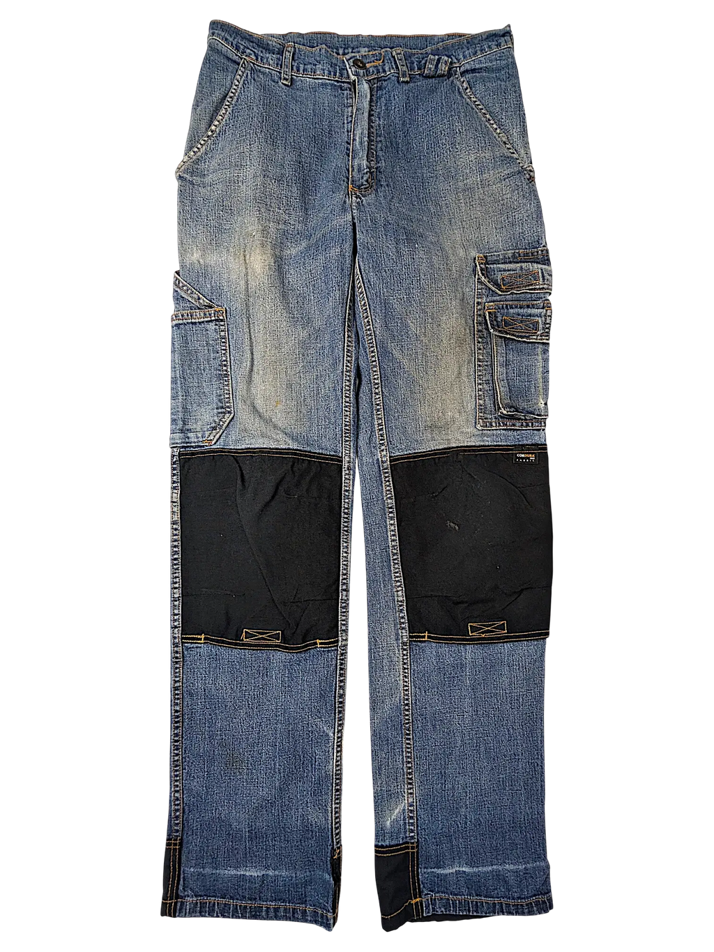 JAKE & IPI blue denim cargo jeans with black Cordura fabric knee reinforcements and utility pockets