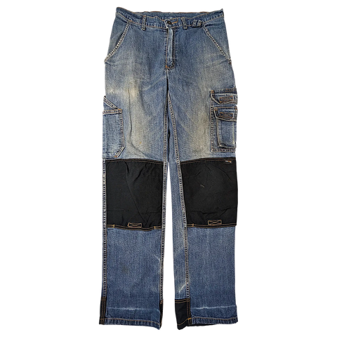 JAKE & IPI blue denim cargo jeans with black Cordura fabric knee reinforcements and utility pockets