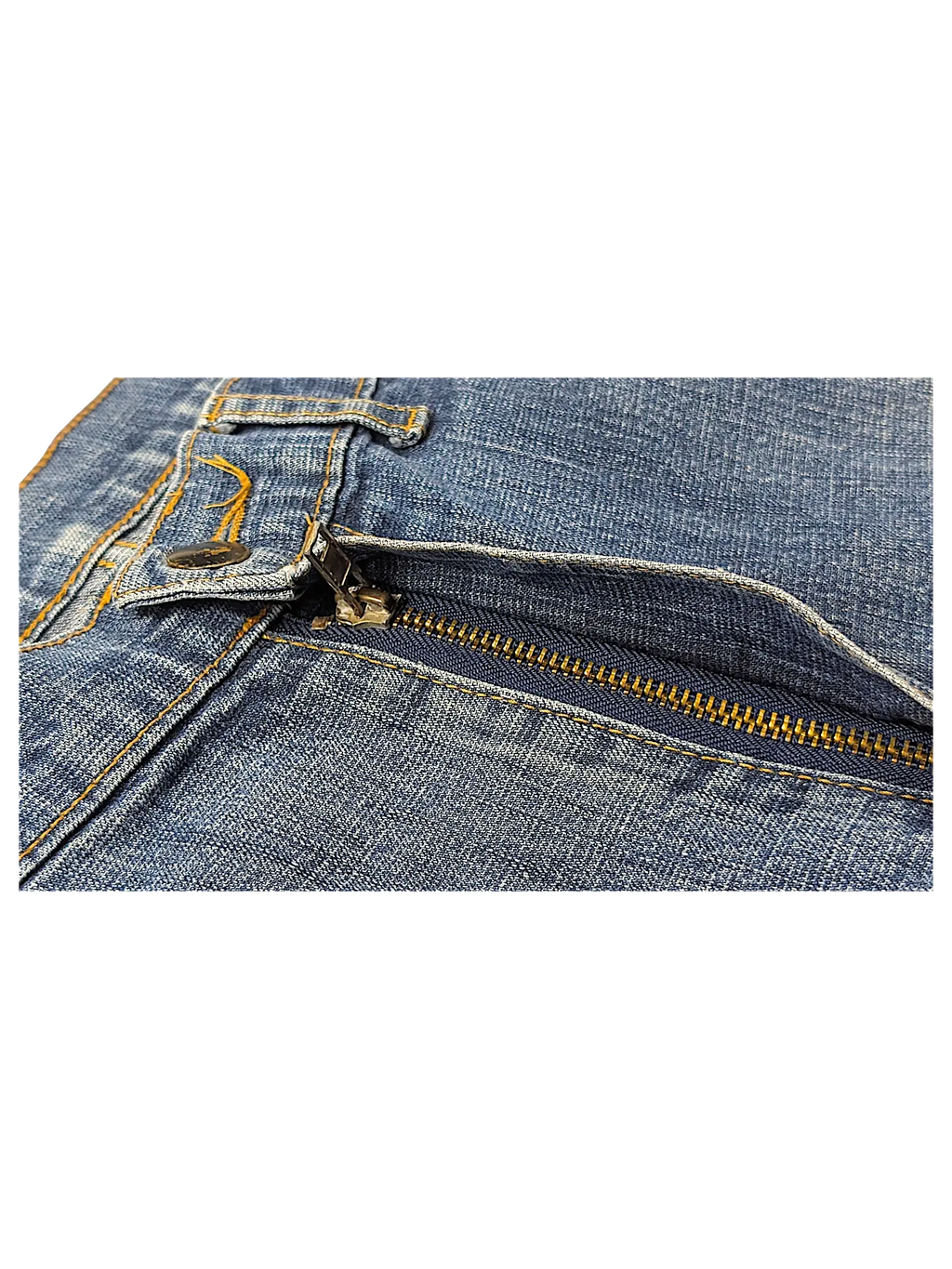 Close-up of JAKE & IPI blue Cordura brand fabric jeans featuring a sturdy metal zipper and reinforced stitching.