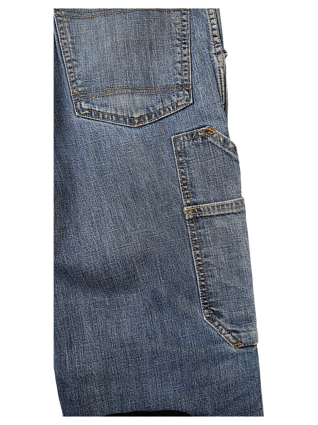 JAKE & IPI blue Cordura brand fabric jeans featuring durable utility pocket detailing and contrast stitching.