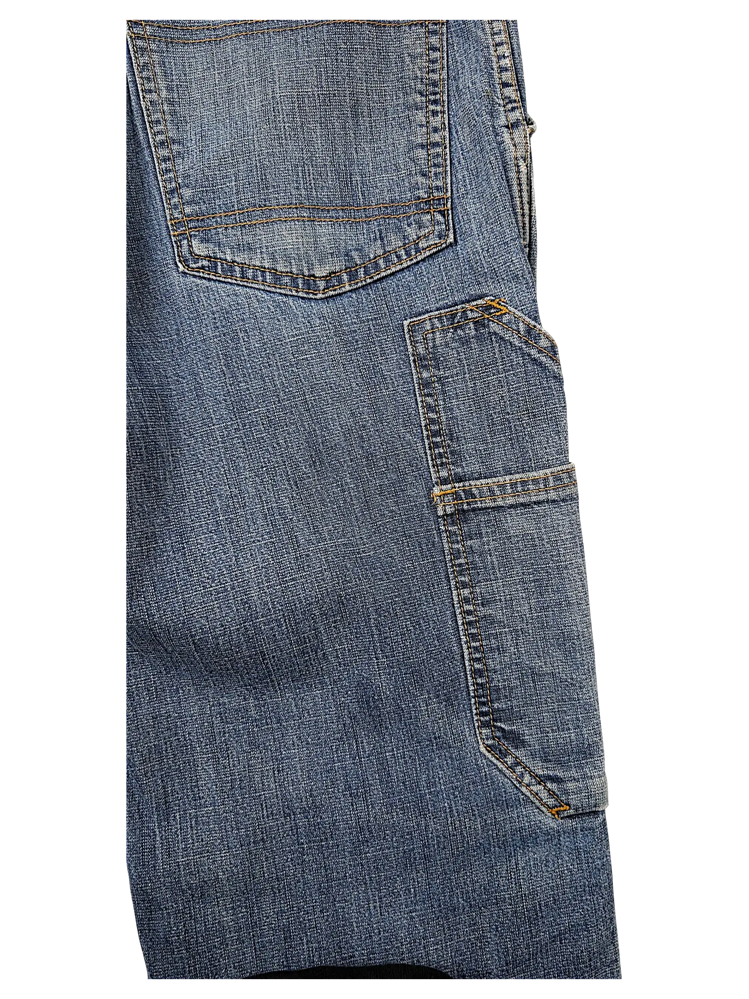 JAKE & IPI blue Cordura brand fabric jeans featuring durable utility pocket detailing and contrast stitching.