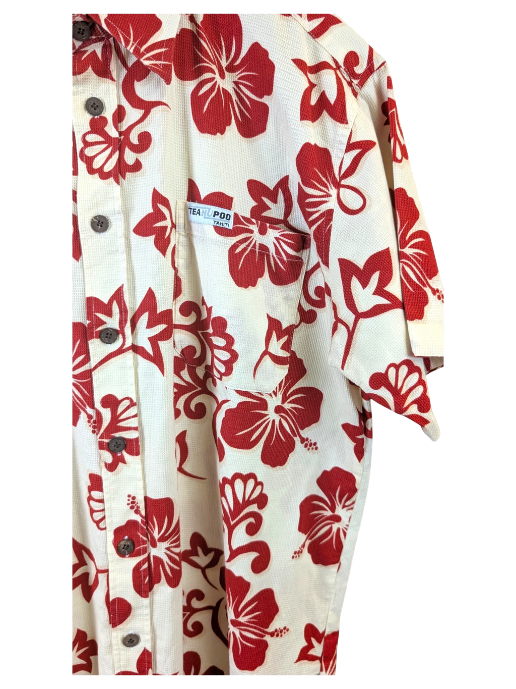 JAKE & IPI Teahupoo Tahiti Hawaiian shirt in cream with red hibiscus floral print and button-down front pocket