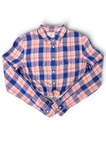 JAKE & IPI vintage cropped plaid long sleeve shirt in blue, pink, and beige with snap chest pockets and raw hem.