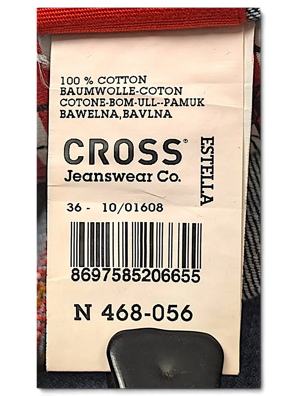 JAKE & IPI Cross Jeanswear co clothing label showing 100 percent cotton material and Estella model details