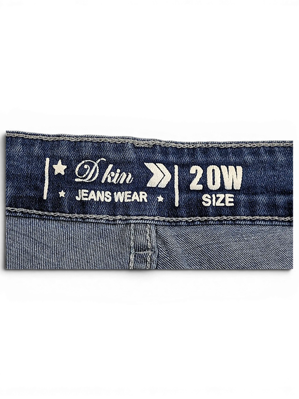 JAKE & IPI D Kin Jeans Wear label on blue denim fabric showing size 20W
