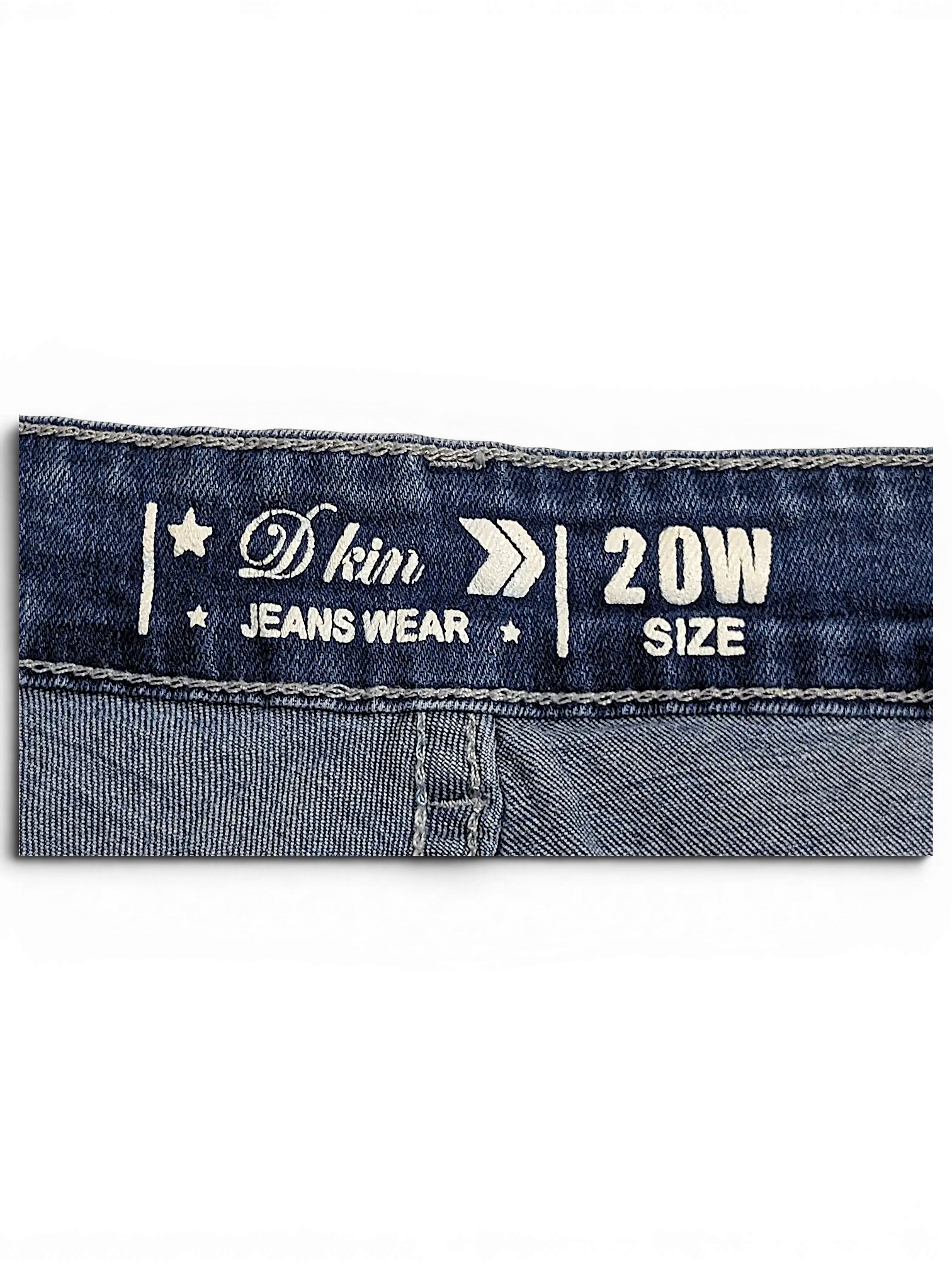 JAKE & IPI D Kin Jeans Wear label on blue denim fabric showing size 20W