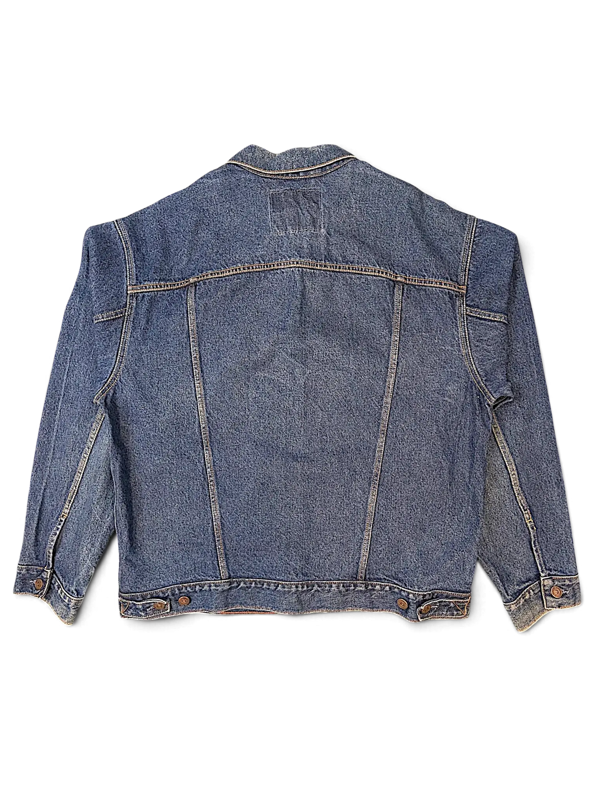 Back view of a JAKE & IPI Levi Strauss Signature dark blue denim jacket with classic stitching and button cuffs.