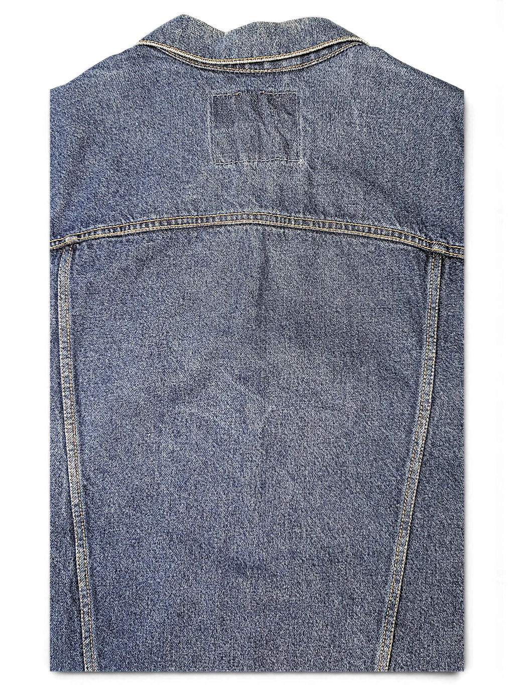 JAKE & IPI dark blue denim jacket back view featuring classic stitching and a rectangular label patch