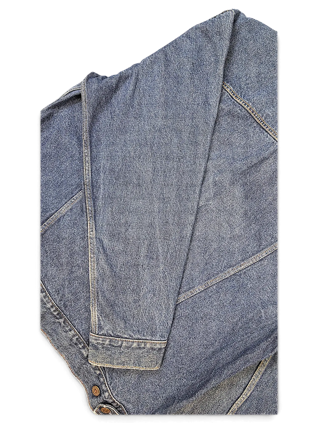 JAKE & IPI dark blue denim jacket sleeve with visible stitching and button cuff detail
