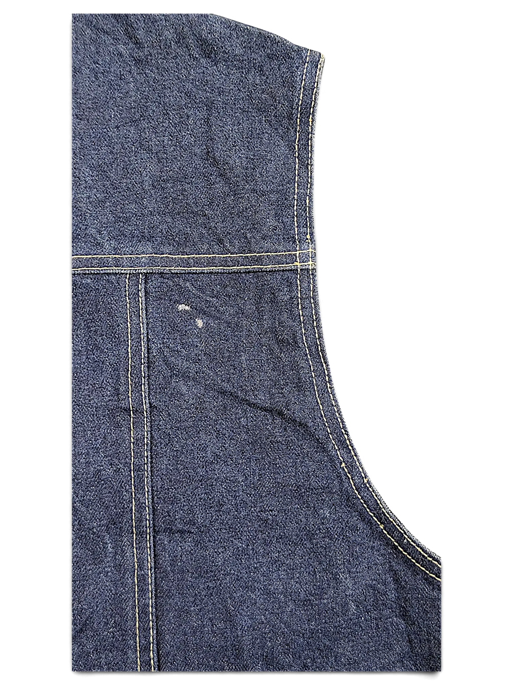 JAKE & IPI dark blue denim vest with contrast yellow stitching and a subtle distressed mark on the side panel