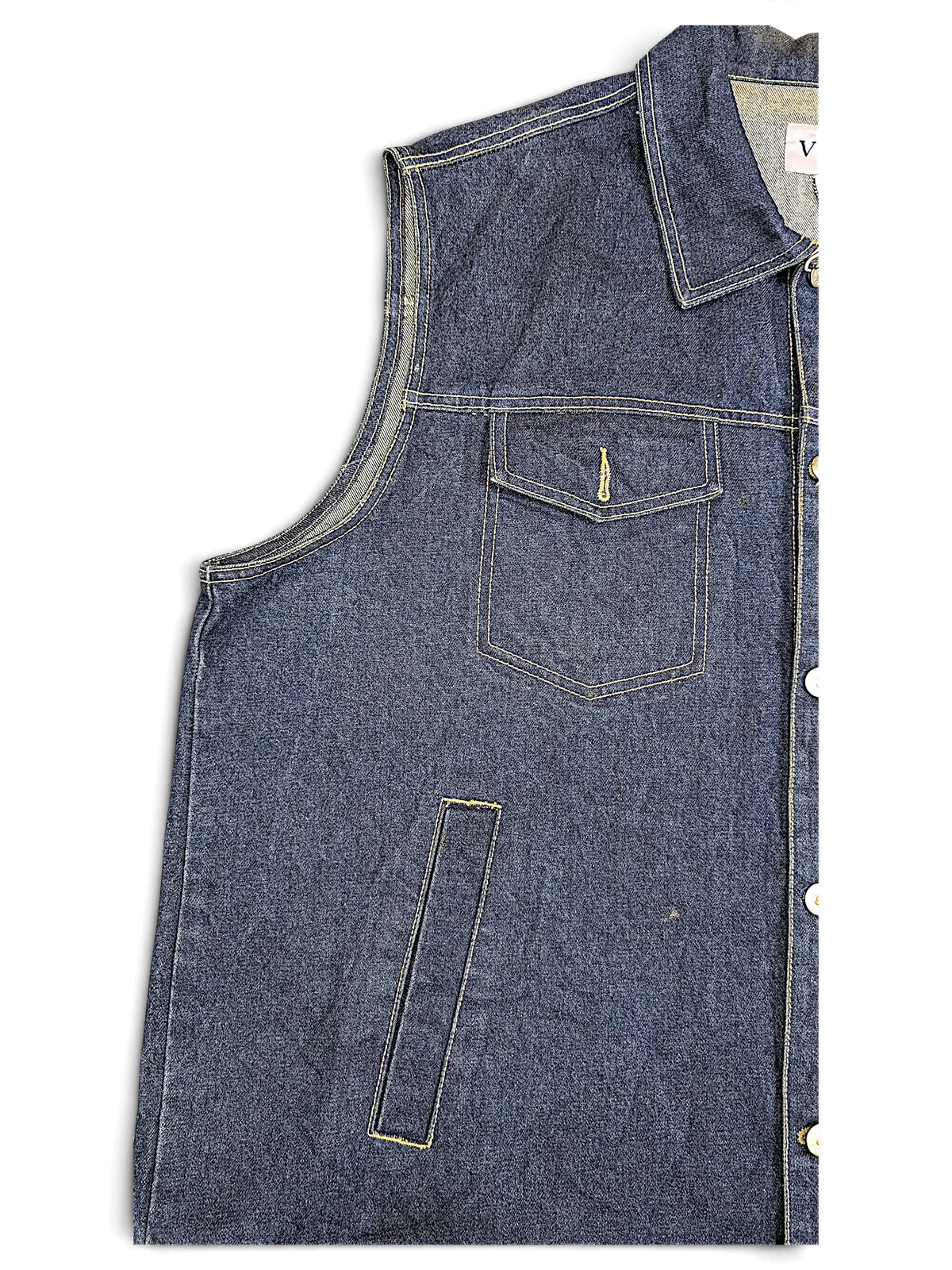 JAKE & IPI dark blue denim vest featuring a chest pocket and side slit pocket with contrast yellow stitching