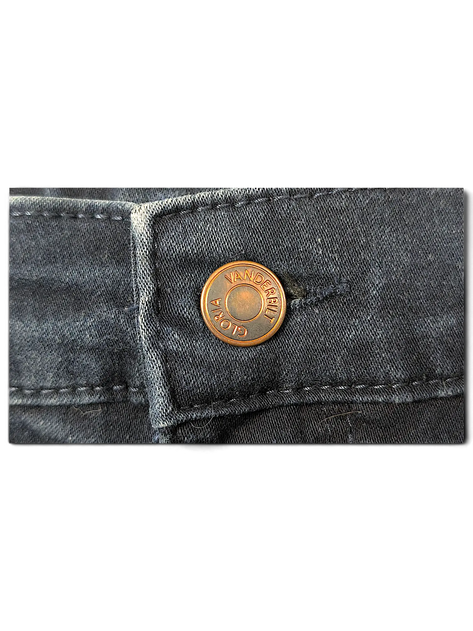 JAKE & IPI dark wash denim jeans featuring a copper-toned button with Gloria Vanderbilt branding