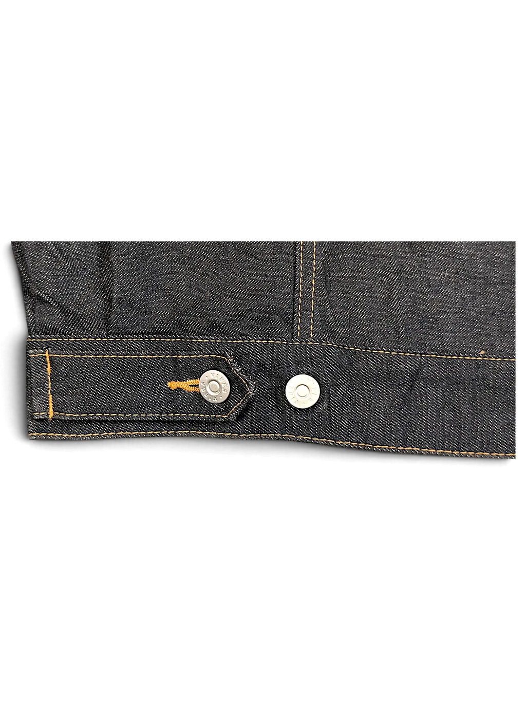JAKE & IPI VIBES dark denim jacket cuff with contrast stitching and silver metal buttons