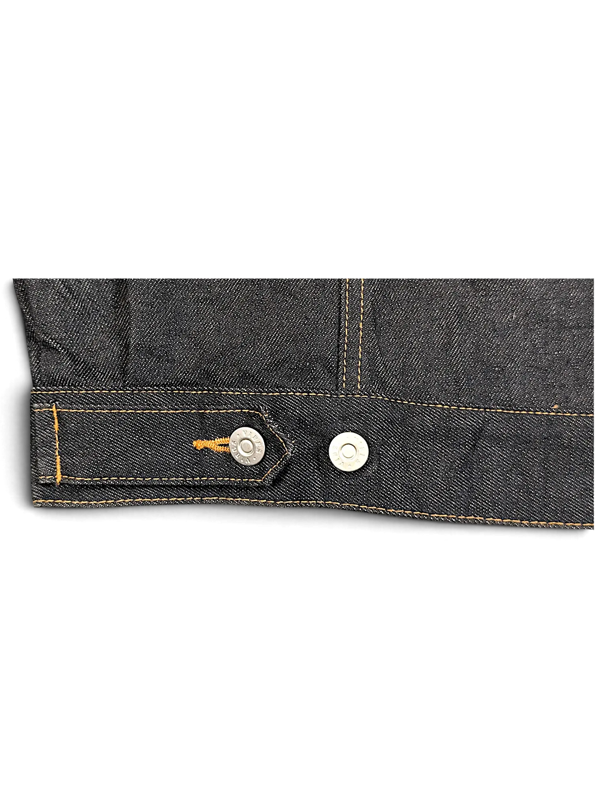 JAKE & IPI VIBES dark denim jacket cuff with contrast stitching and silver metal buttons