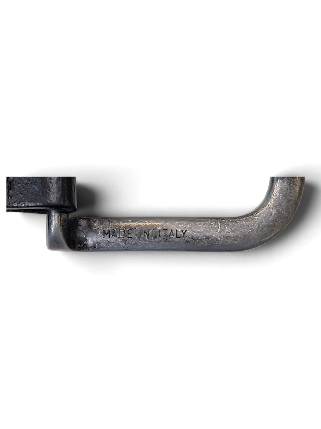 JAKE & IPI dark green leather belt featuring a distressed metal buckle stamped with Made in Italy
