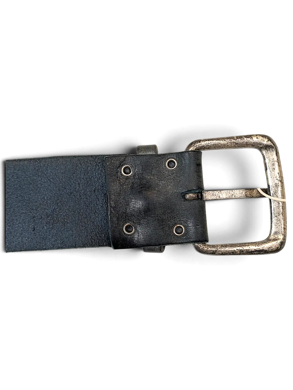 JAKE & IPI dark green leather belt featuring a distressed silver-tone metal buckle and four reinforced rivets.