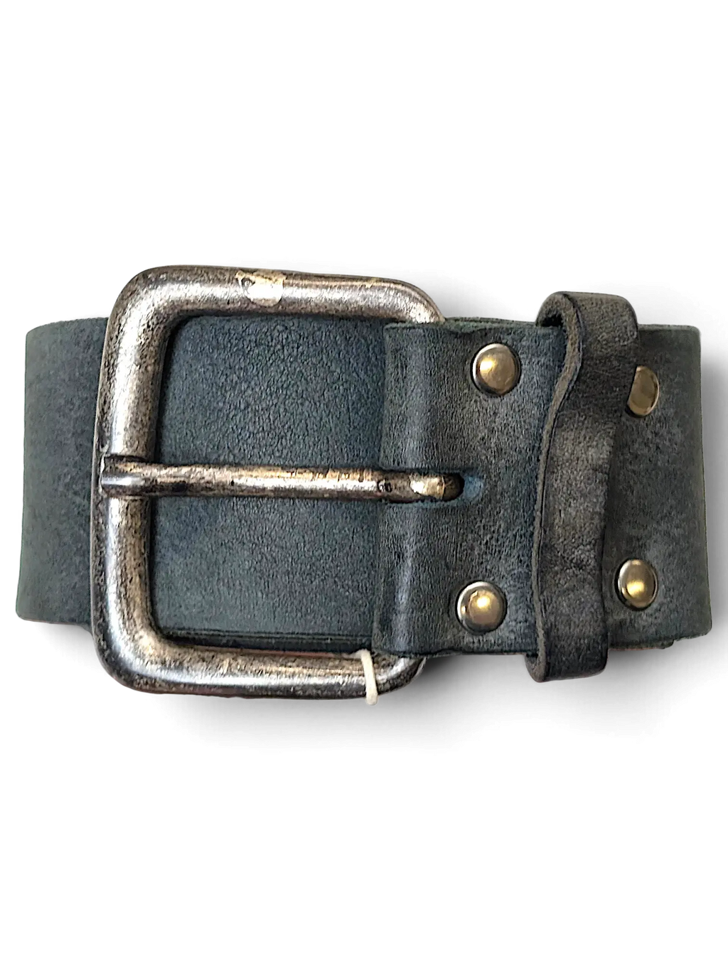 JAKE & IPI dark green leather belt featuring a distressed silver metal buckle and brass rivets