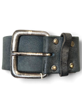 JAKE & IPI dark green leather belt featuring a distressed silver metal buckle and brass rivets