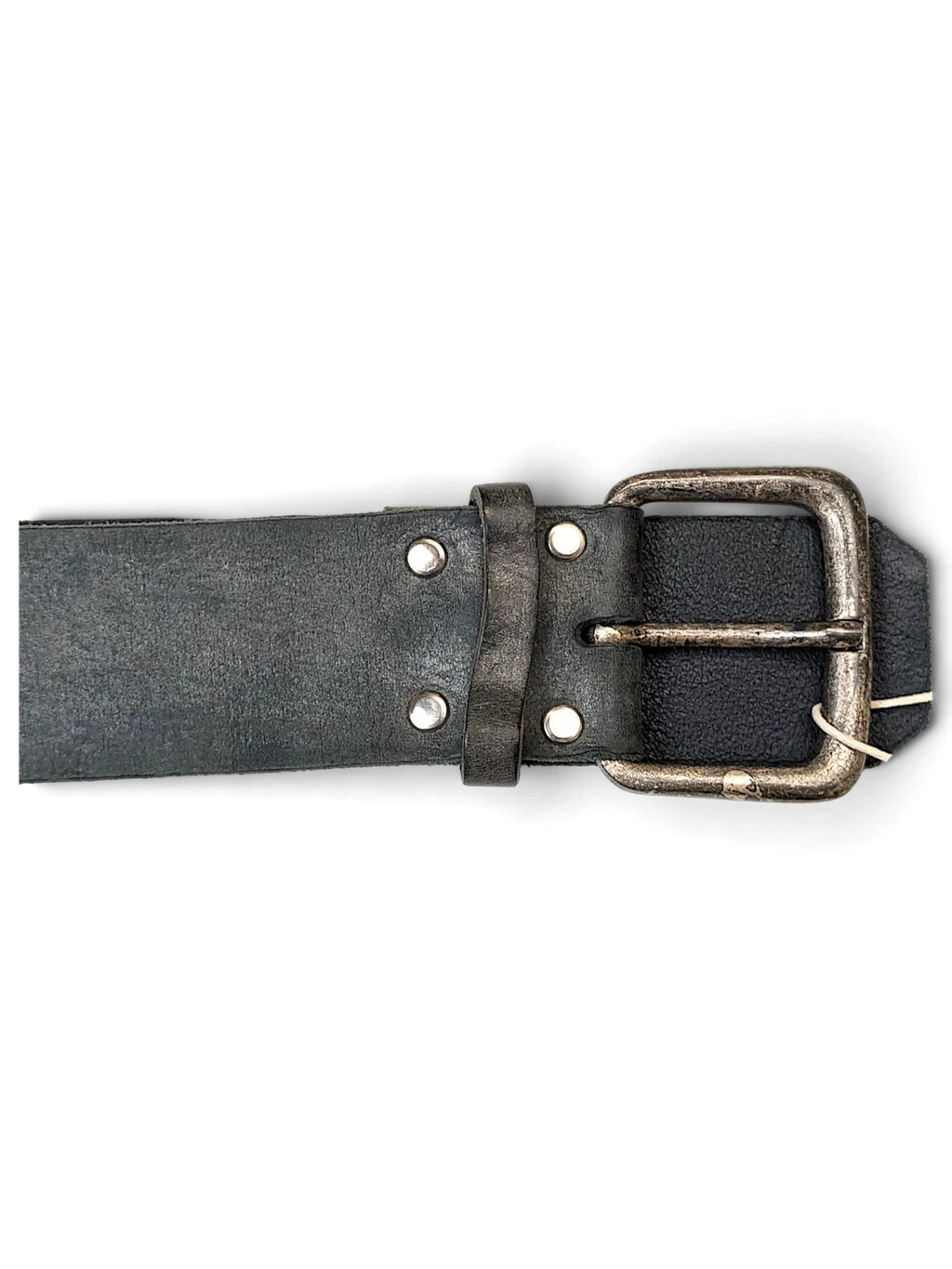 JAKE & IPI dark green leather belt featuring a distressed silver-tone metal buckle and silver rivet details.