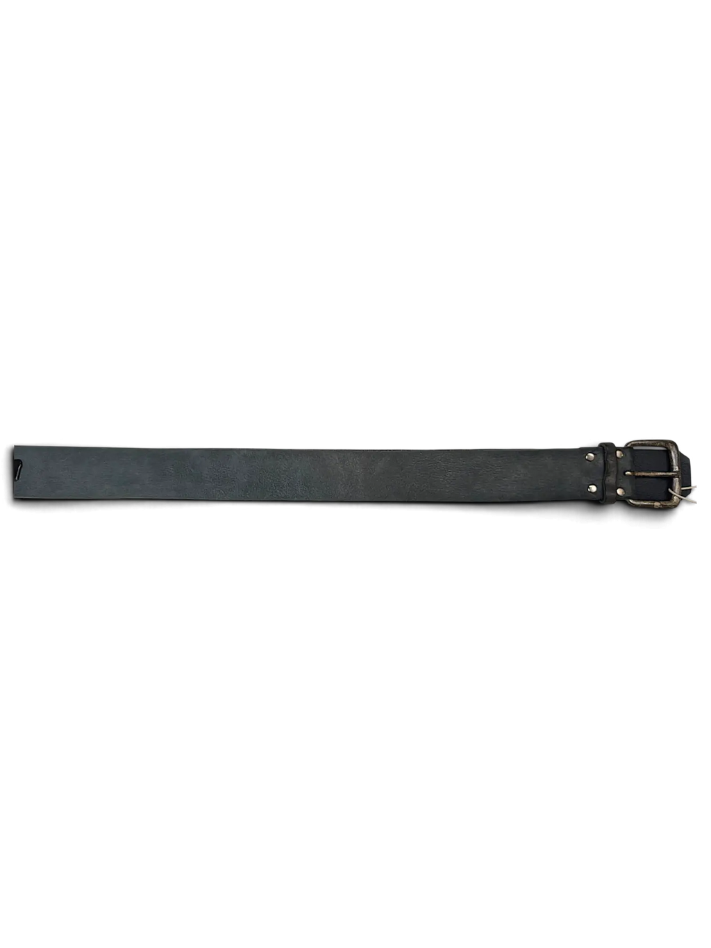 JAKE & IPI dark green leather belt with a rustic metal buckle and silver rivet details on a plain white background