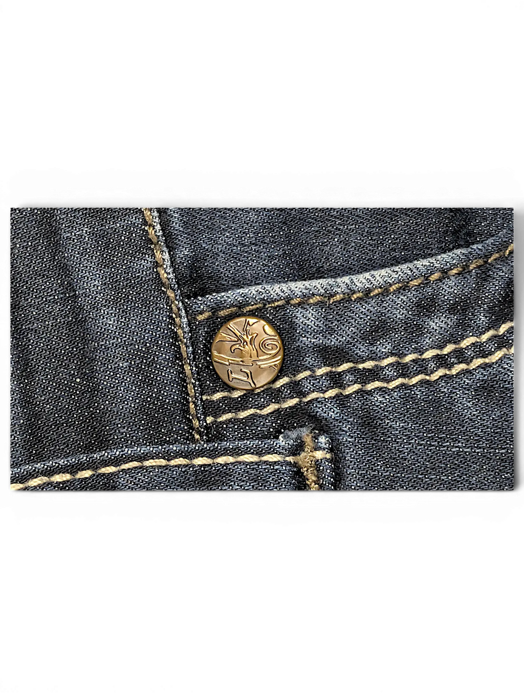 JAKE & IPI Lois Jane dark wash denim jeans featuring a branded gold-tone metal button and contrast stitching.